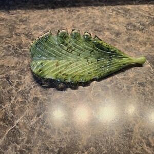 Vintage Green Art Glass Leaf Dish Ashtray Trinket Bowl Speckled MCM Unmarked